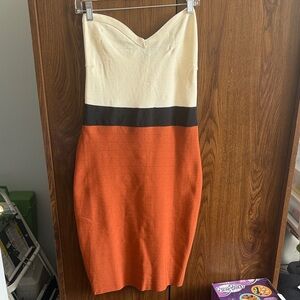 Elegant Strapless Dress in Cream, Black, and Orange